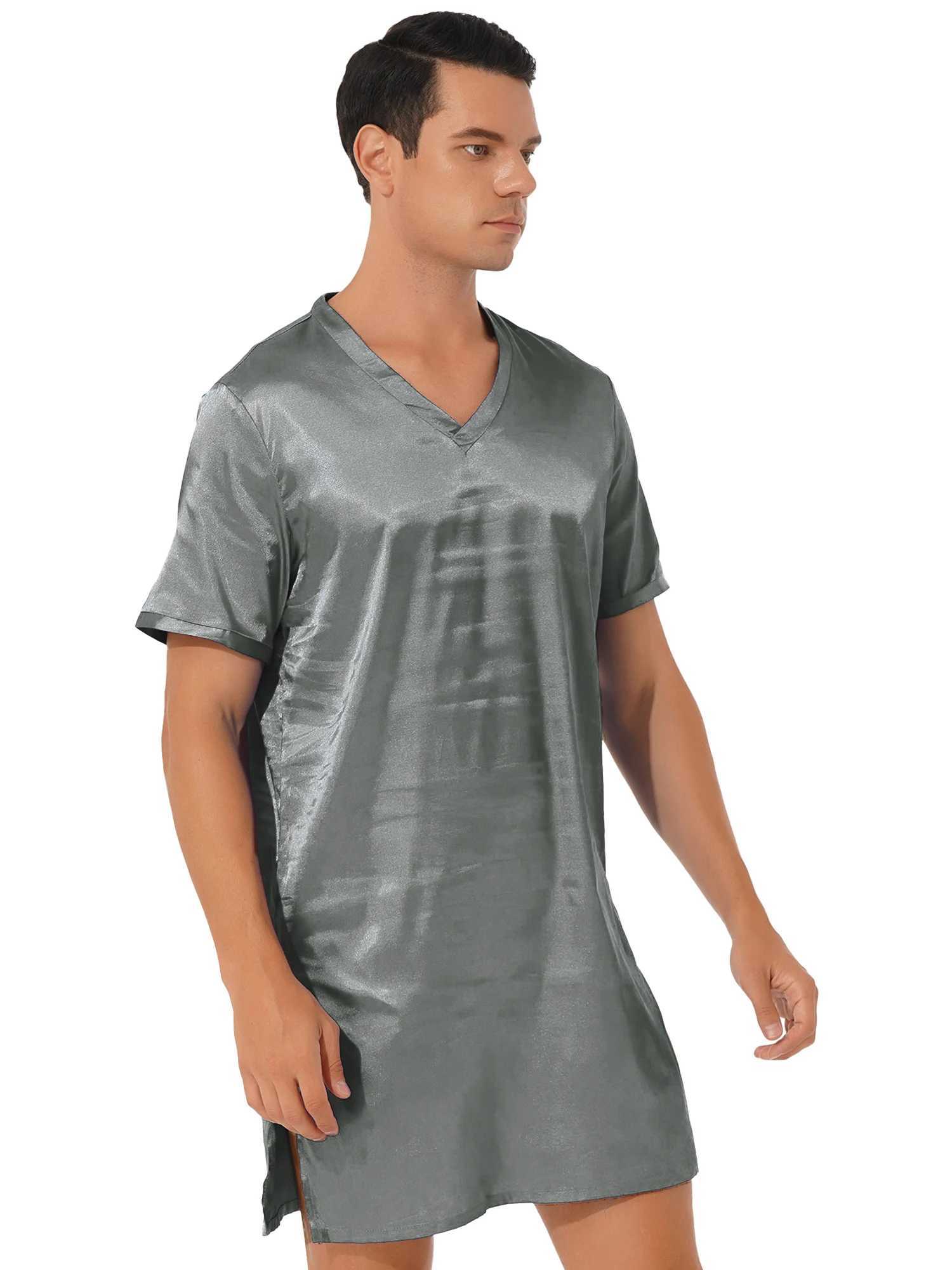 Men Women Satin Pajamas Nightgown V Neck Short Sleeve Bathrobe Sleepwear Pijama Nightclothes Homewear Sides Split NightwearXJ241018