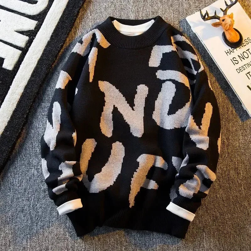 Knit Sweater Male Letter Mens Clothing Print Round Collar Aesthetic Crewneck Pullovers Korean Autumn Loose Fit Fashion X A 241018