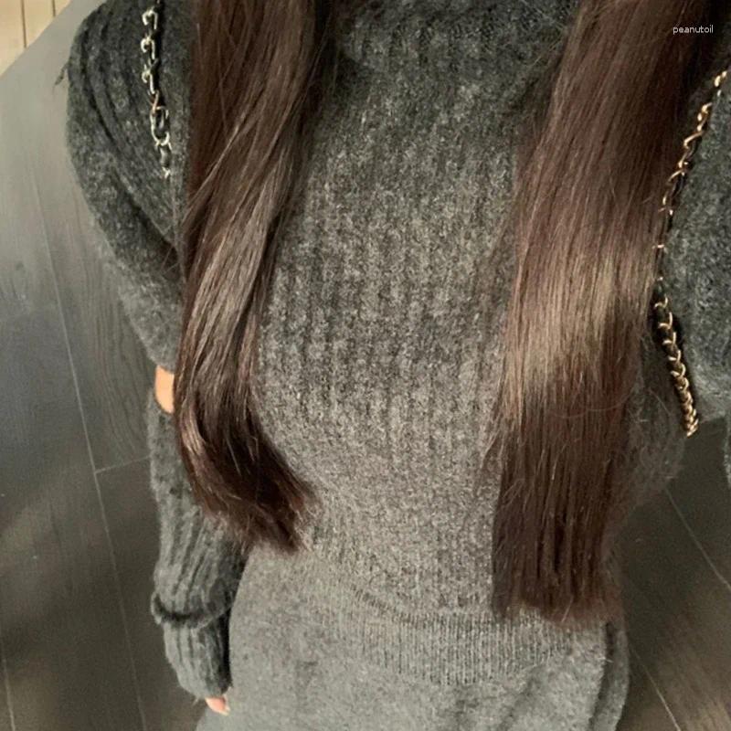 Two Piece Dress French Elegant Knitted Skirt Suits Vintage Autumn Winter Women High Neck Pullover Sweater Tops With Waiste Long Skirts Set B4