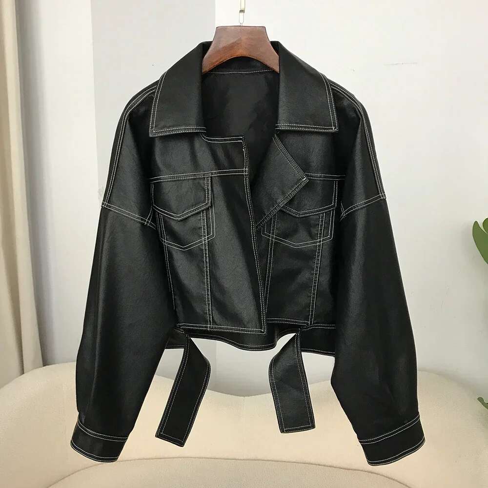 Spring Women Split Hem Black Faux PU Leather Coat Lapel Long Sleeve Female Biker Jacket Streetwear Casual Fashion