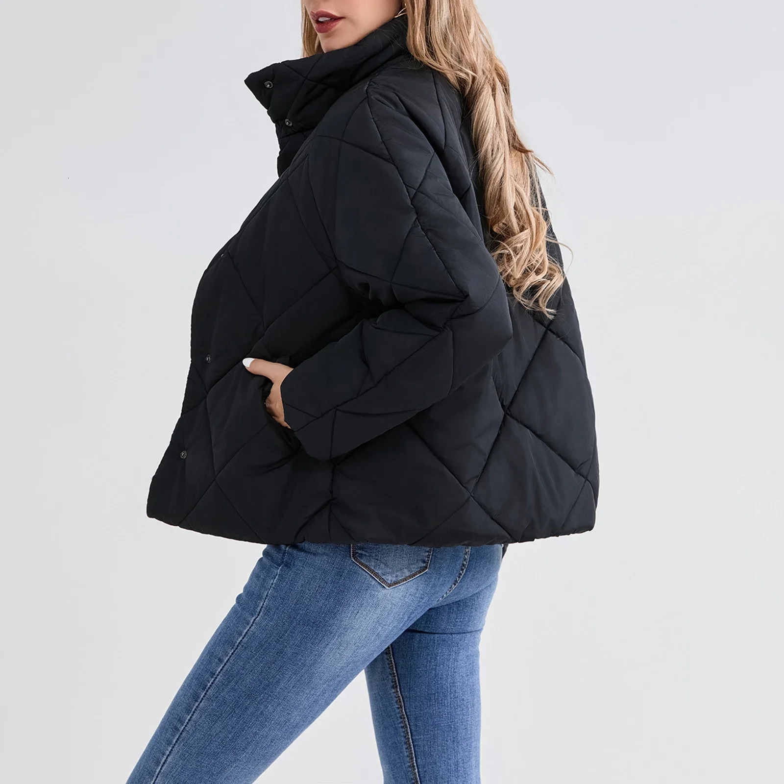 Womens Winter Puffer Coats Solid Color Long Sleeve Stand Collar Button down Quilted Jackets Warm Parkas 241018