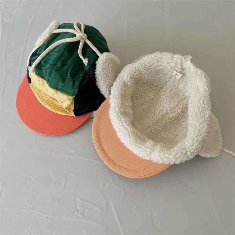 4-6Y Winter Kids Hat Corduroy Baseball Caps Fur Lining Patchwork Warm Hat 50-52CM LX241018