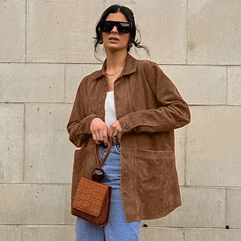 MSCSZ Brown Suede Jacket Women Long Sleeve Button Up Shirt Jacket Vintage Windbreaker Jacket Autumn Winter Coat Woman 2024 241017