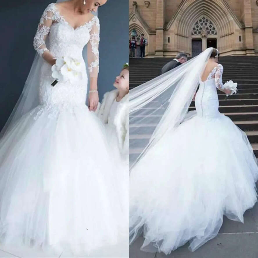 Quality Dubai Dress Custom Mermaid Wedding High Made V Necke Lace Applique Long Sleeves Bridal Gowns With Tiered Tulle Sweep Train