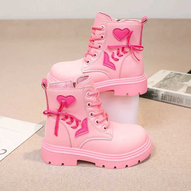 Boots Childrens Fashion Boots Girls Ankle Boots Elegant Zipper Cool Love Pattern Childrens Princess Leather Boots Anti Slip Size 26-37 H241018