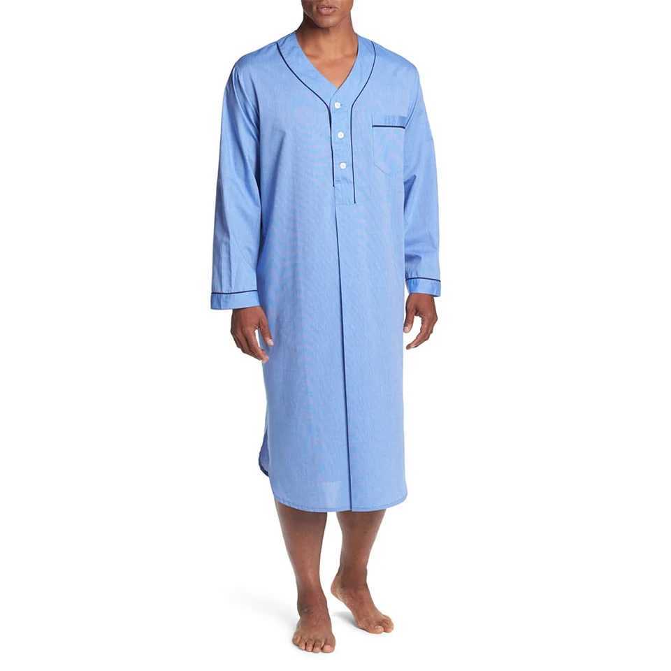 Men Loose V Neck Long Sleeve Nightgown Pajamas Comfy Cotton Sleepwear Top Shirt Homewear Robe Casual Long NightdressXJ241018