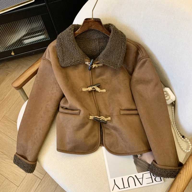 Bomon Korea Autumn and winter new loose casual horn button fur one lamb wool thick warm coat Womens fashion trend lapel coatX241018