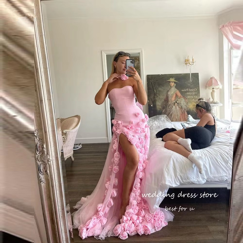 Pink Long Evening Dresses 3D Wers Sweetheart Beauty Party Dress High Split Prom Gowns Vestidos 6660312