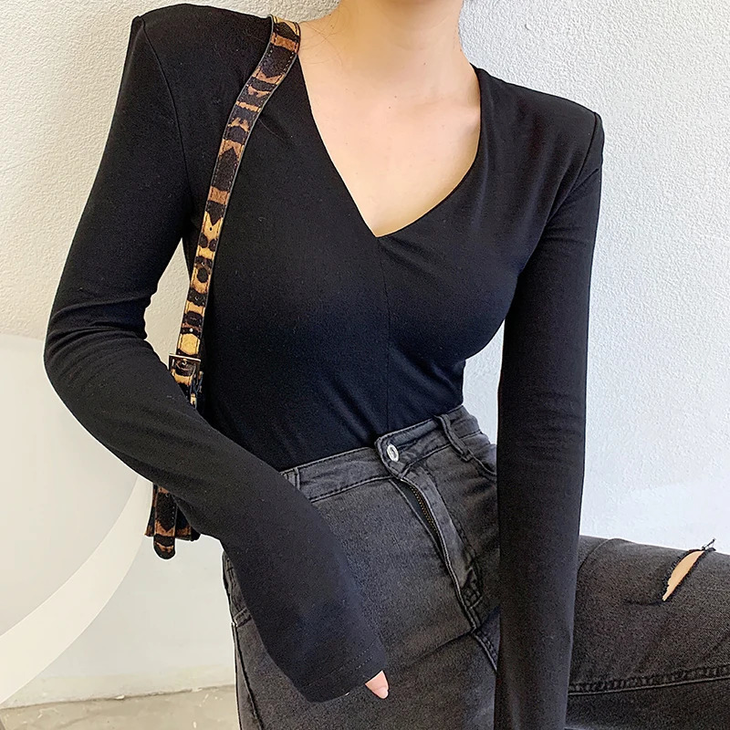 Casual Cotton V Neck Long Sleeve Tshirt Women Autumn Winter Fashion Shoulder Pad Slim Fit Female Tops Ladies Basic Elastic Tees 241018