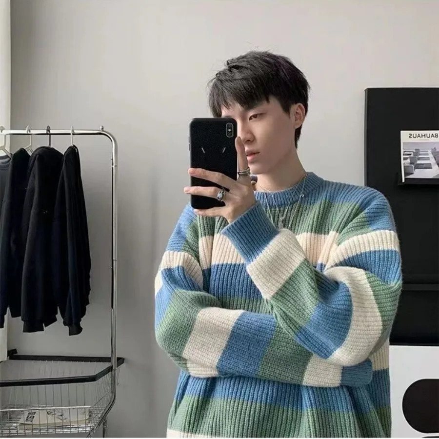 Warm Knitwear Thick Striped Mens Knit Sweater Fleeced Crewneck Round Collar Pullovers Male Vintage Long Sleeve Streetwear 241018