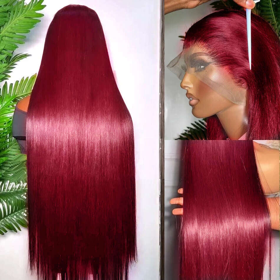 30 34 Inch 99J Bury Colored 13x4 Front Wig Bone Straight 5x5 Closure Glueless 13x6 HD Red Lace Frontal Human Hair Wigs