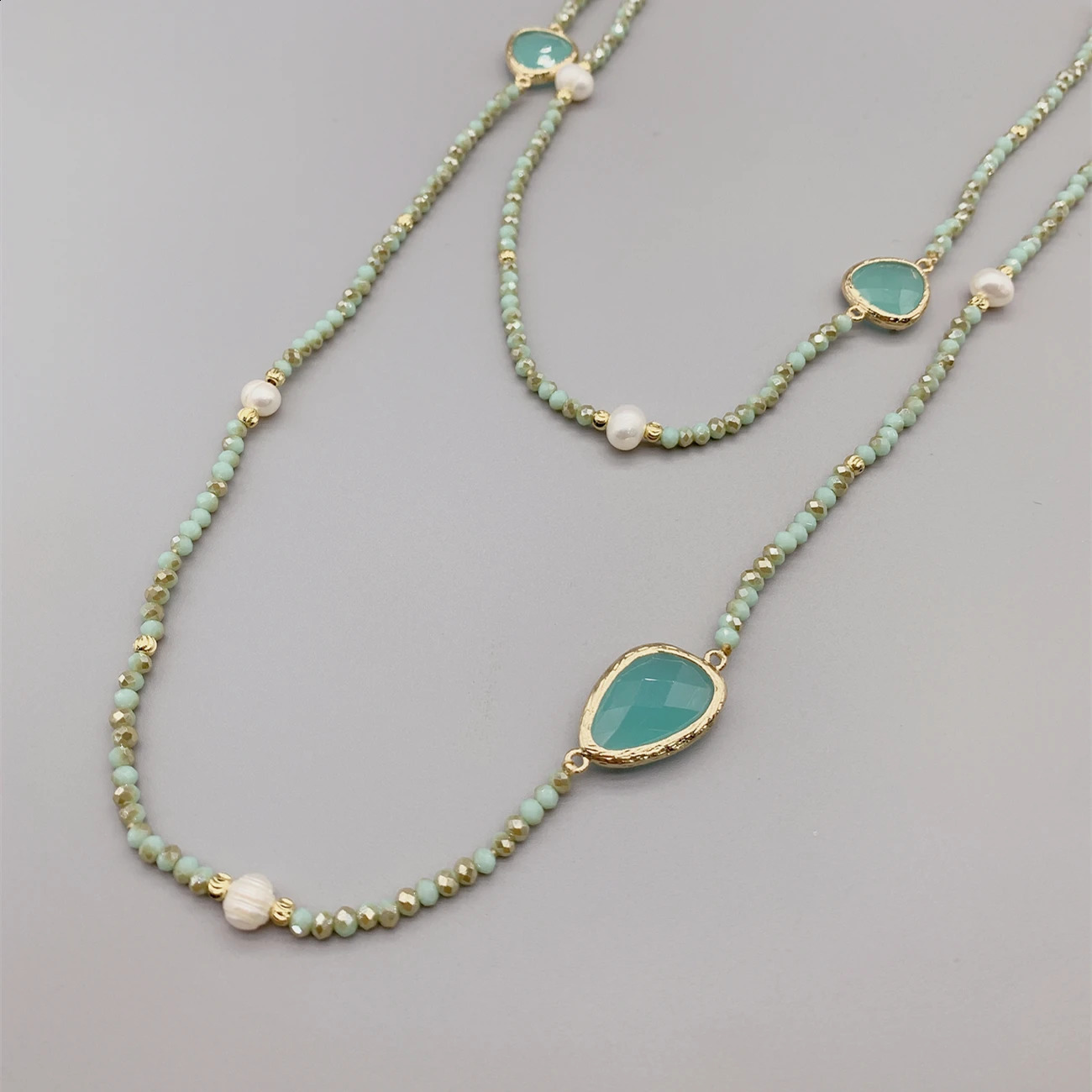 Faceted Cut Irregular Aqua Quartz Long Necklace 5-6mm White Freshwater Pearl 2mm Crystal and 50 inch Hammer Strike Gold Beads 241017