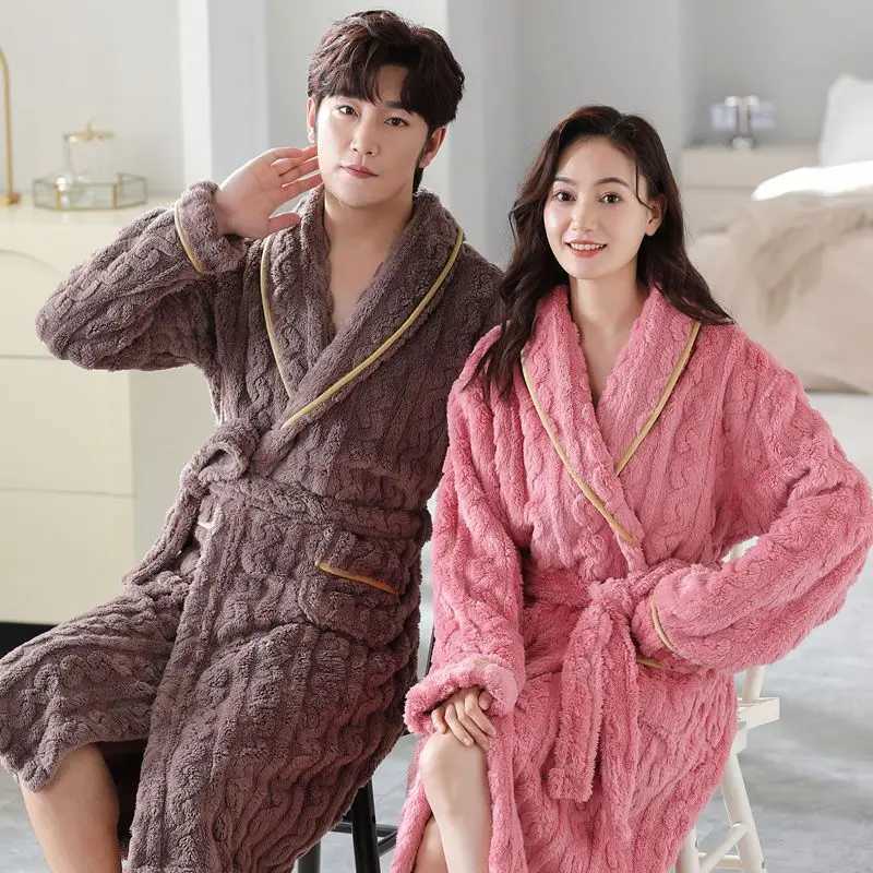 Nightgown Autumn Winter Mens and Womens Same Thickened Warm Coral Fleece Couple Bathrobe Two-Piece Set Four Seasons UniversalXJ241018