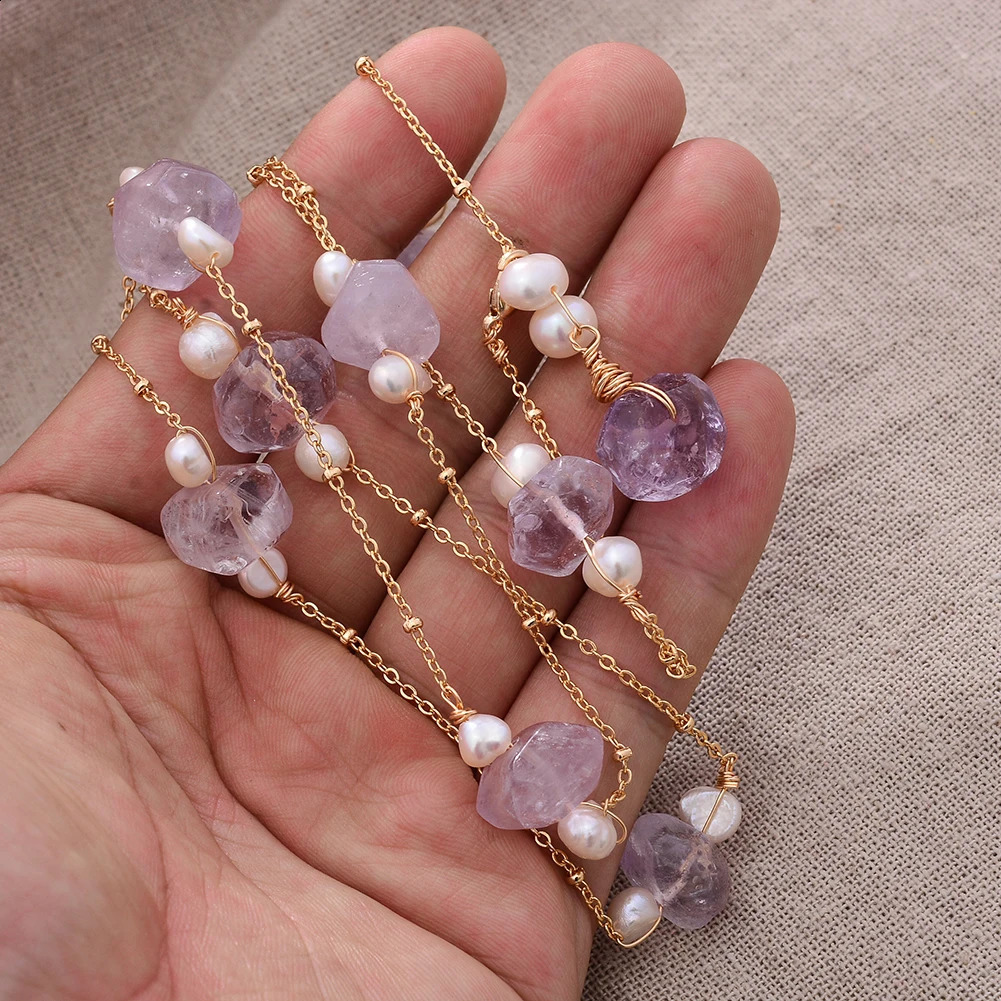 Original handmade 14K gold filled natural freshwater pearl large irregular amethyst womens long necklace womens sweater chain 241018