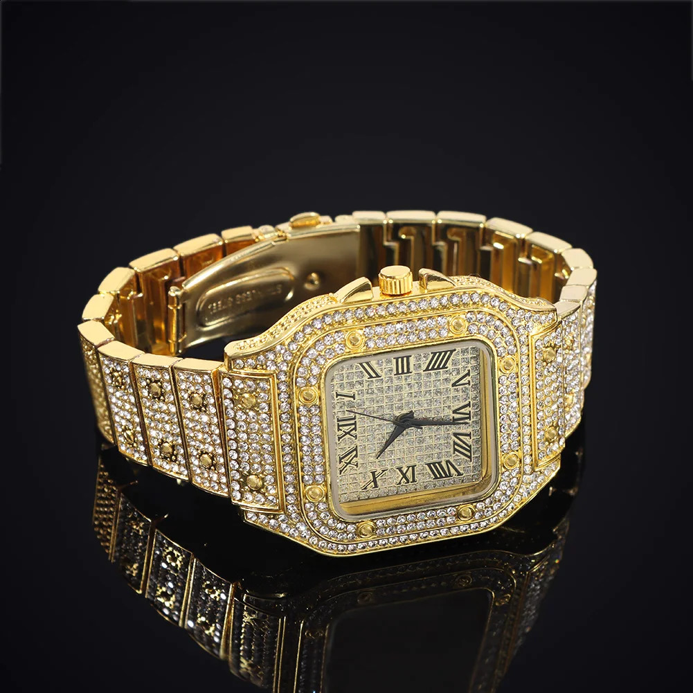 Fashion Full Iced Out Watches for Men Women Square Stainless Steel y Rhinestones Quartz Watch Hip Hop Party Gift 241017