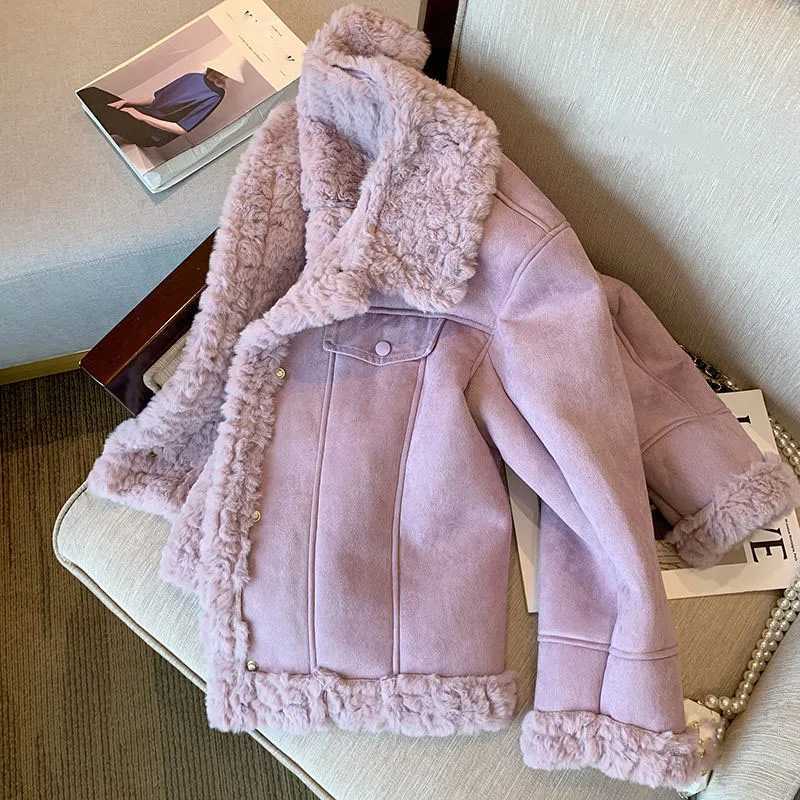 Lucyever Purple Lamb Wool Jacket for Woman 2023 Autumn Winter New Thick Warm Short Jacket Female Korean Style Plush Lapel CoatX241018
