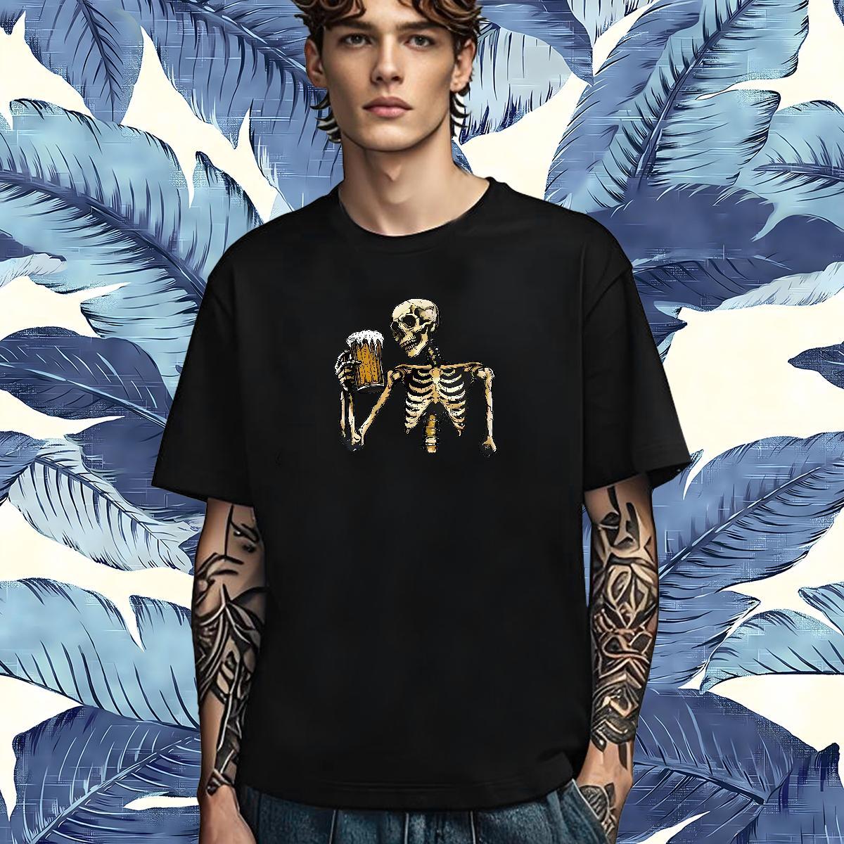 High Quality T Shirts Men 230g 100% Cotton beer Street Wear Skull Breathable Crew Neck Men Tops Tees New Arrival Tees Shirts