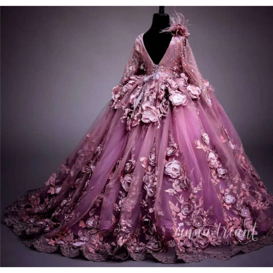 Plum Ral 2019 3D Applique Ball Gown Girl Dresses Sheer Long Sleeve Appliques Or Length Kids Toddler Pageant Gowns Bc1952 s s