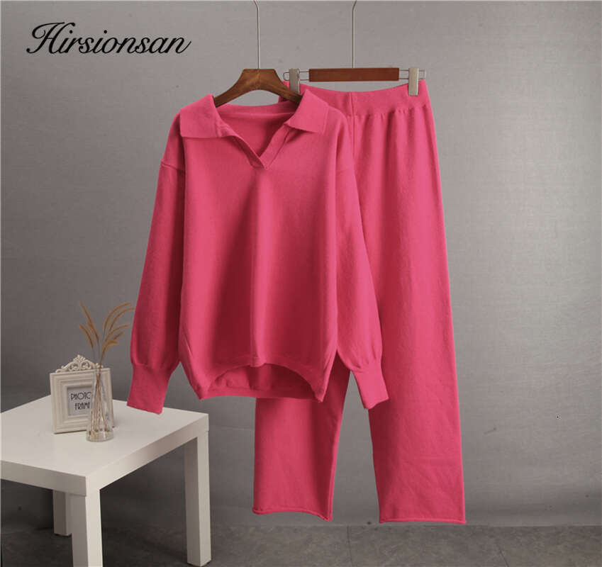 Hirsionsan Winter Thick Women Suits Soft 2 Pieces Cashmere Female Sets Polo Neck Sweater & Wide Leg Pants Knitted Outfit