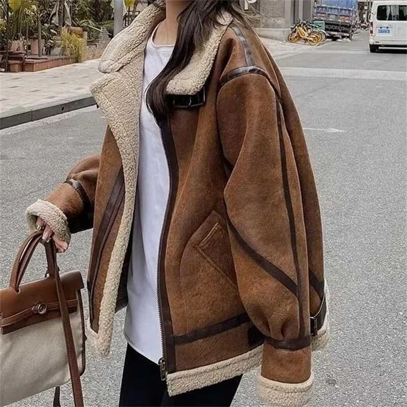 2024 Autumn/Winter New Lamb wool Coat Womens Short Loose Long Sleeve Vintage Motorcycle Thicken Jacket Top Female Warm OutwearX241018