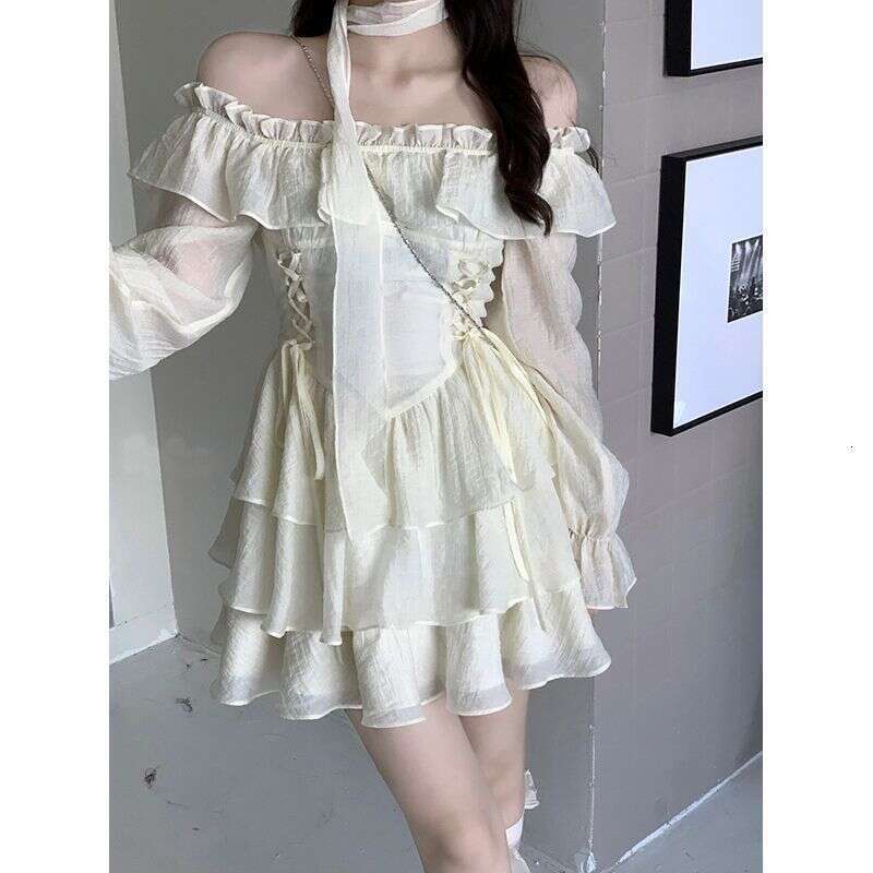 Long Sleeve Elegant Mini Lolita Pure Color Short Party Woman Casual 2024 Spring Sweet One Piece Dress Korean Fashion