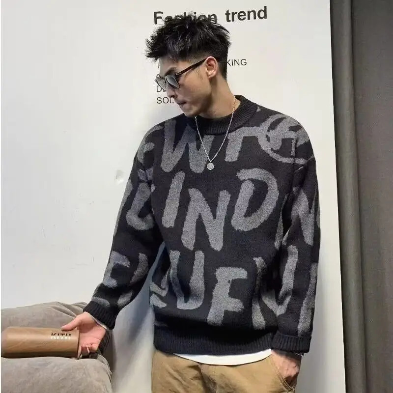 Pullover Man Letter Green Knitted Sweaters for Men Crewneck Loose Knitwear Round Collar Clothing Deals Fit Woven Top 241018