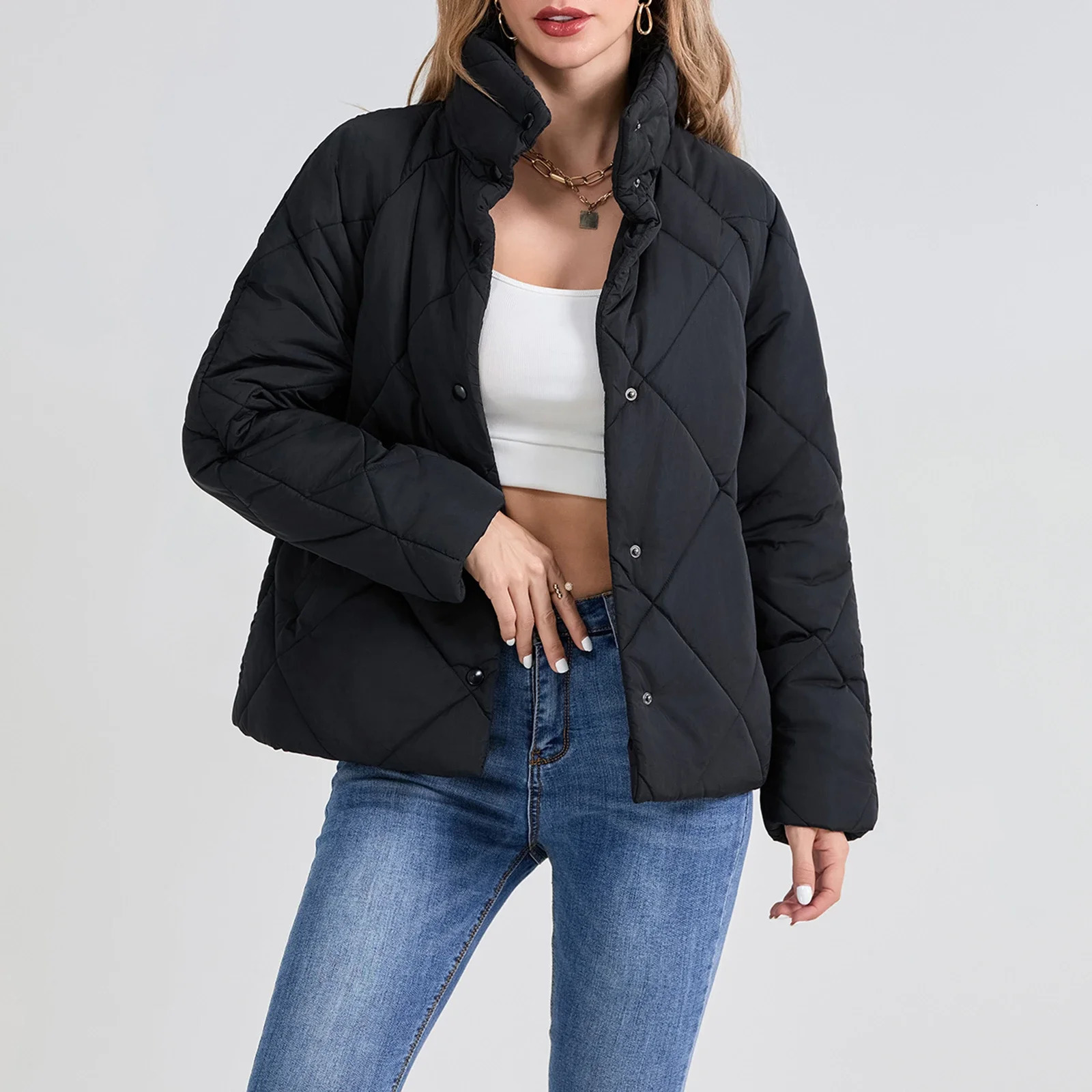 Womens Winter Puffer Coats Solid Color Long Sleeve Stand Collar Button down Quilted Jackets Warm Parkas 241018
