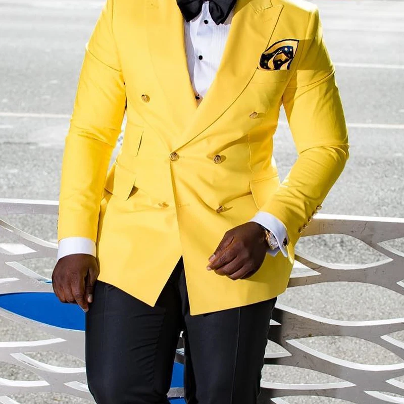 Yellow Double Breasted Prom Suits For Mens Slim Fit 2 Pieces Formal Wedding Groom Tuxedos Jacket With Black Pants Fashion Costume