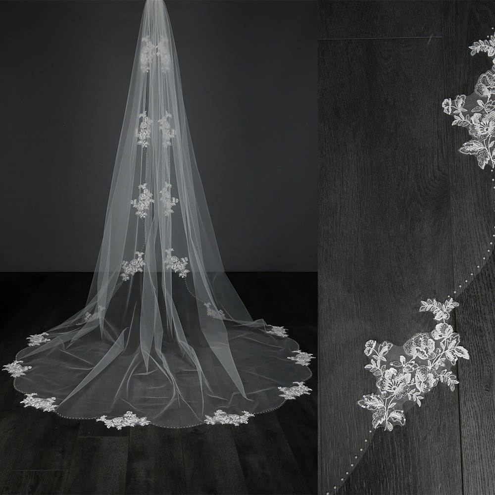 Illusion Wedding Veil Appliques Beade Sequins One Layer Long Cathedral Length Veils Applique Edge Custom Made Bridal Accessories