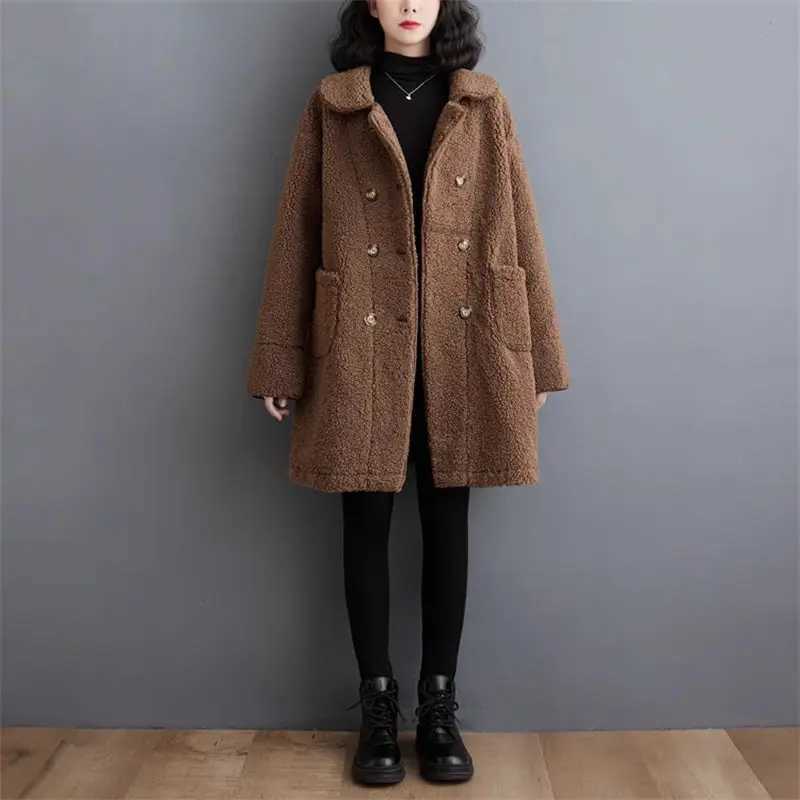 Large Size Womens Plush Jacket 2023 Autumn/Winter New Lapel Collar Lamb Wool Coat Cardigan Warm Medium Length Overcoat Z3997X241018