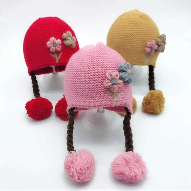 Baby Girl Knitted Braids Hat Flower Pattern Knitting Caps with Ball Winter Warm Baby Beanies 6-24M Kids Hat Child Decoration LX241018