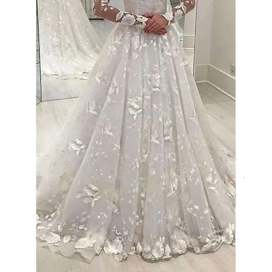 White Women Wedding Sexy Dress Deep V-Neck Long Mesh Lace Sleeve A-E Pleated Or-Length Dresses Es 0417 es