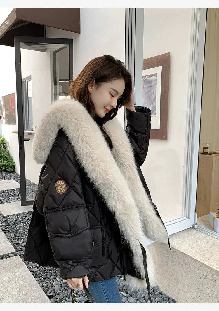 Light Faux Fox Fur Sailor Collar Bright Color down Cotton Jacket Coat Parka Womens MidLength winter clothes women 241018