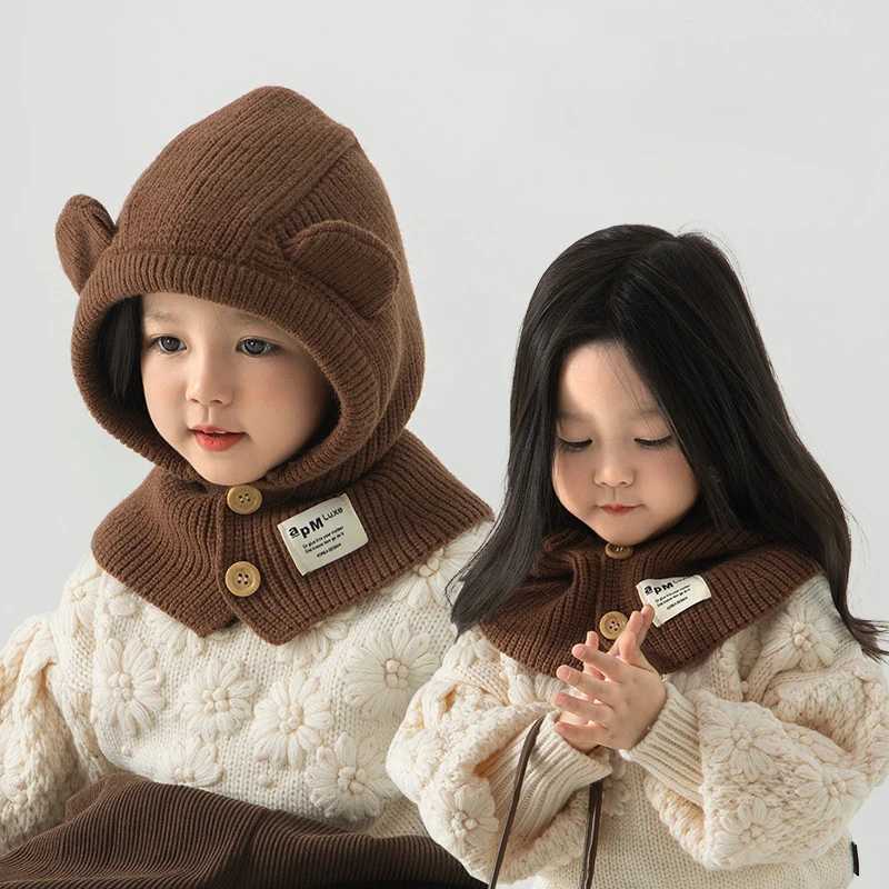 Cute Bear Baby Balaclava Hat Winter Warm Ear Protection Cap Scarf One Piece Solid Color Kids Boy Girl Knit Wool Hats LX241018