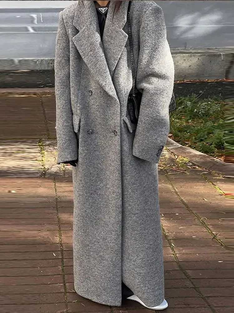 Fashion Turn Down Collar Coat Women Autumn Winter Elegant Long Sleeve Lady Long Coats Chic Pocket Female Double Breasted JacketX241009