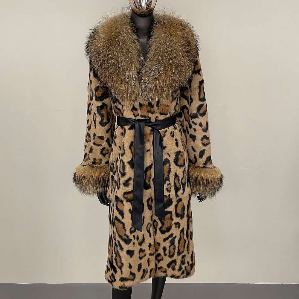 Fashionable Leopard Print Long Fox Collar Jacket One-Piece Thickened Warmth 2024 Autumn Winter Real Rabbit Fur Coat Women