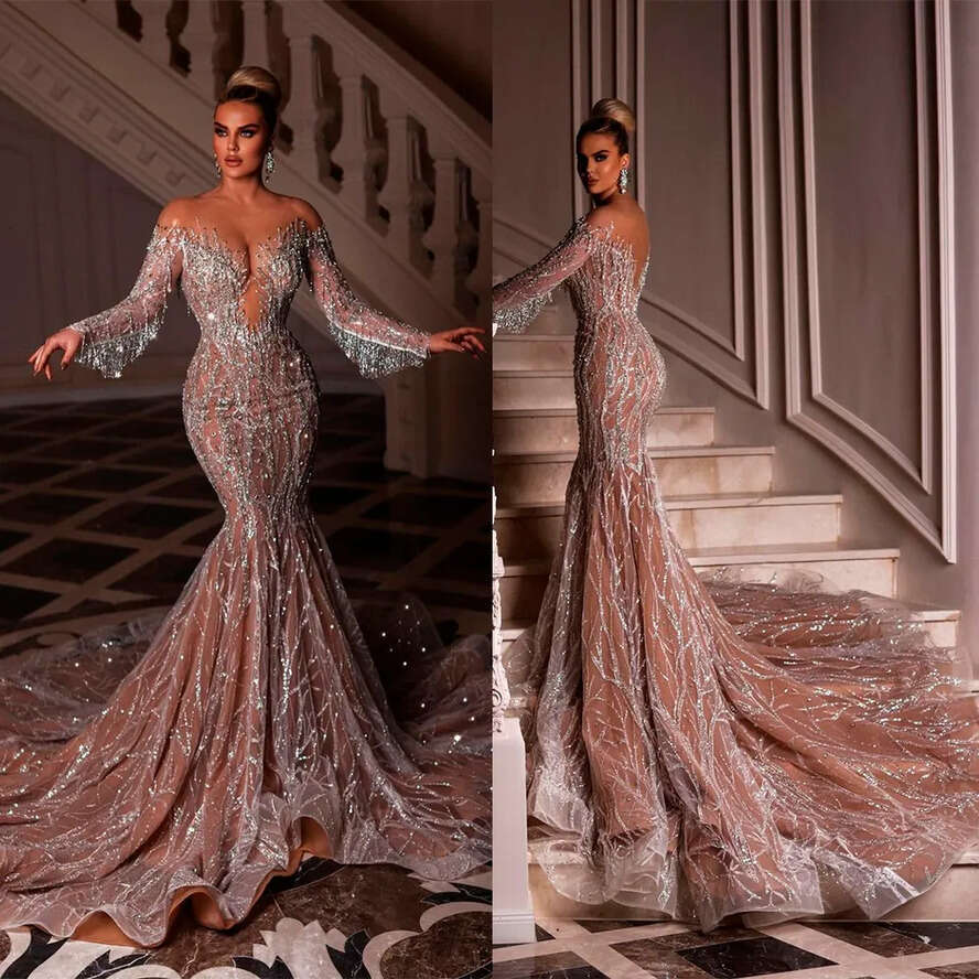 Wedding Sexy Dress Mermaid With Long Sleeve V Neck Strpapless Lace Illusion Bodice Organza Formal Ocn Custom Made Tulle Or Length