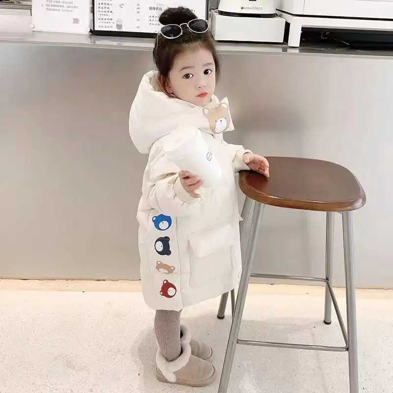 Winter Womens Jacket Long Cartoon Bear Print Thick Hoodie Suitable for 2-6Y Womens Down Jackets M241018
