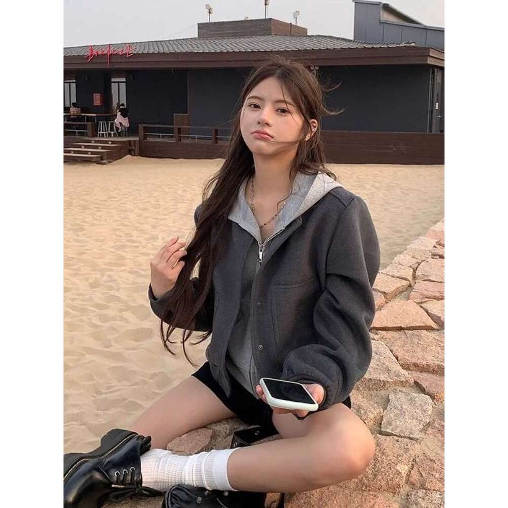 American Street Vintage Hoodie Baseball Jacket 2024 Autumn New Gray Coat Women Y2k E-Girl Long Sleeve Zipper Tops Mujer