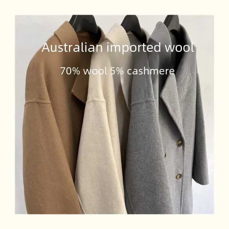 Winter Womens Double-sided Cashmere Woolen Coat Medium-length Hertogin Style OvercoatX241009