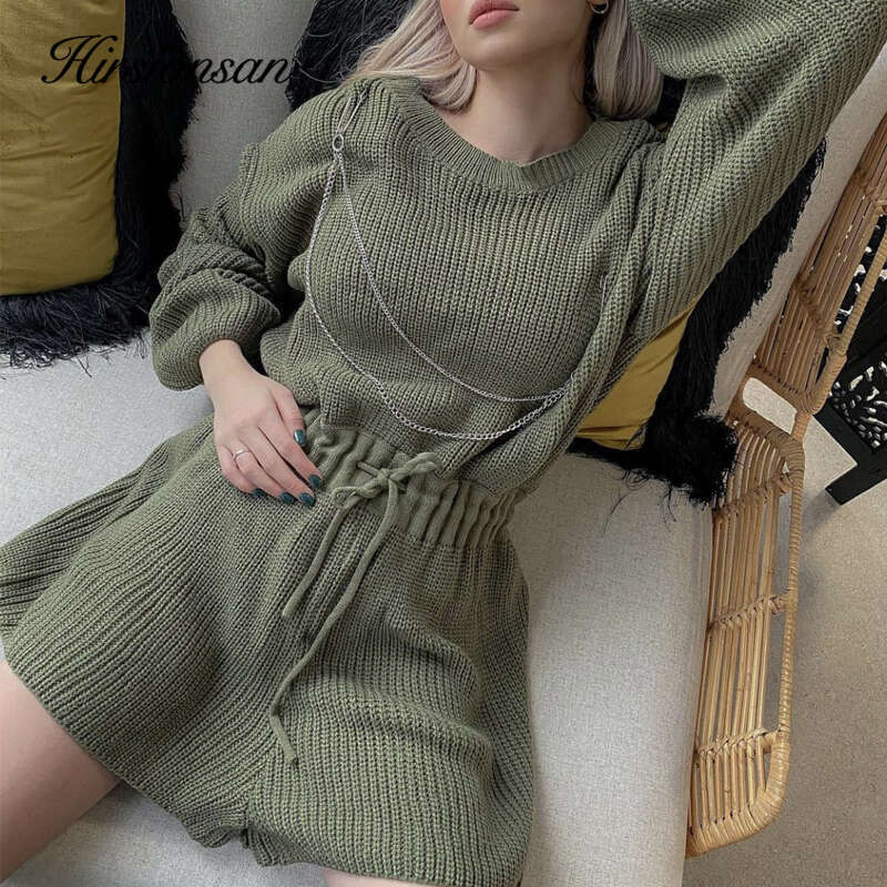 Hirsionsan O Neck Women Jumpsuit Long Sleeve High Knitted Playsuit 2023 Autumn New Tied Waist Hollow Out Female Sweater