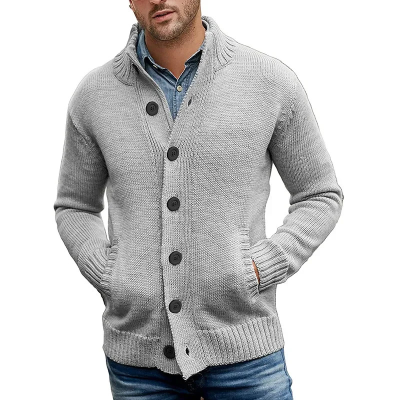 European and American Mens Sweater Cardigan Solid Color Singlebreasted Slimfit Highneck Knitted Autumn Winter Top 241018