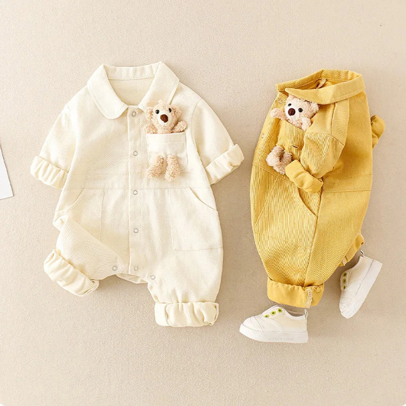 Denim Romper Baby Jumpsuit Cartoon Bear Korean Toddler Onesie Autumn Baby Boys Girls Clothes Infant Outfit Clothing 241008
