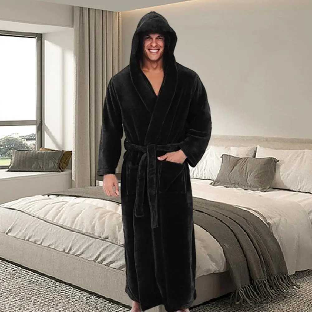 Solid Color Bathrobe Luxurious Mens Hooded Bathrobe with Adjustable Belt Ultra Soft Absorbent Male Robe with for UltimateXJ241018