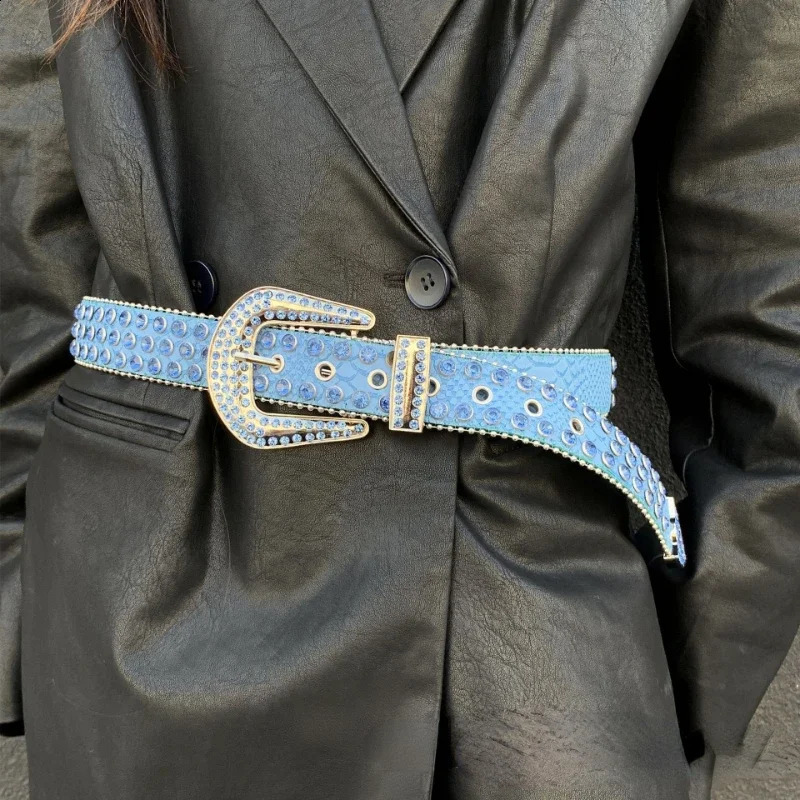 rhinestone personalized womens belt fashion punk style blue pin buckle clothing accessories drilling er BB belt 241018