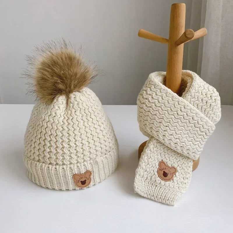 Autumn Winter 2Pcs Newborn Baby Hats Scarf Acrylic Cute Bear Beanies Warm Infant Knitted Hats For Baby Boys Girls 0-6 Years Old LX241018