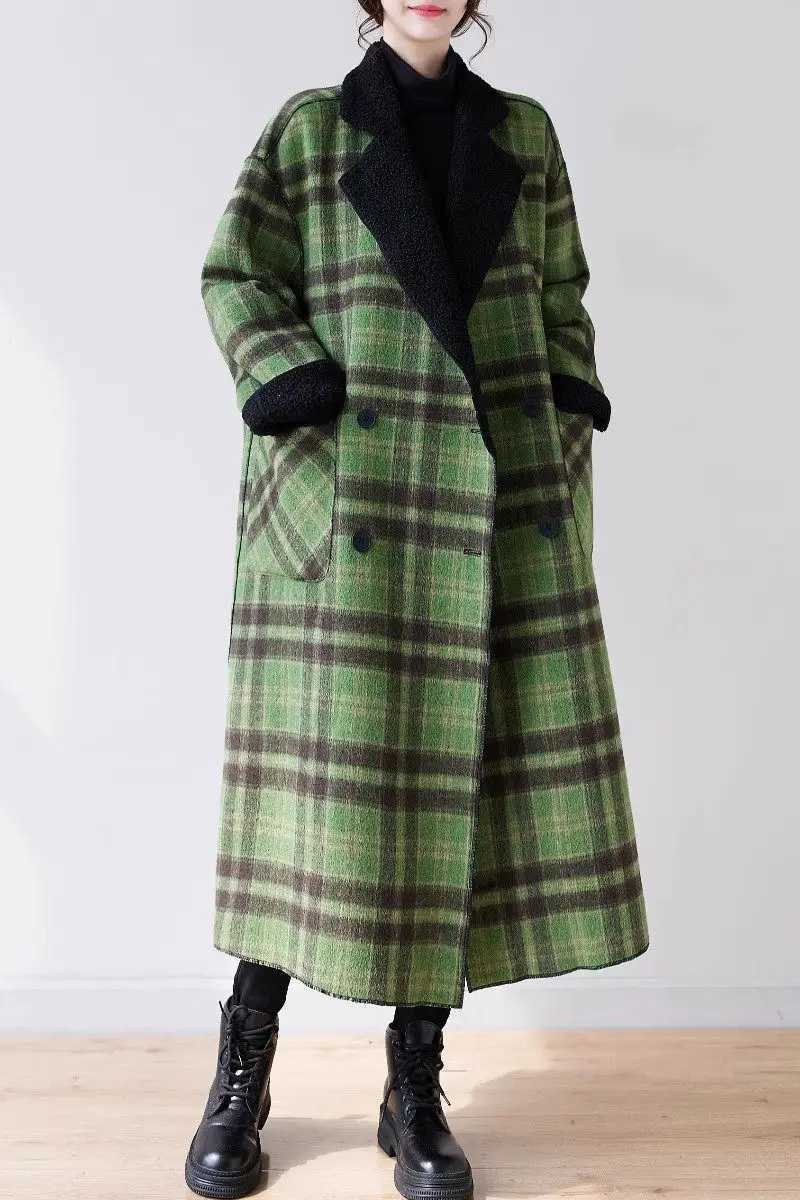 Oversized Womens Reversible Jacket Winter Plush Thickened Plaid Woolen Coat Vintage Long Loose Green Overcoat Windbreaker Z3460X241009