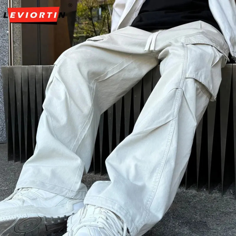 Vintage Straight Leg Pants For Men 100% Cotton Wide Cargo Pant Casual Baggy Large Pockets Paratrooper Trousers Streetwear 241018