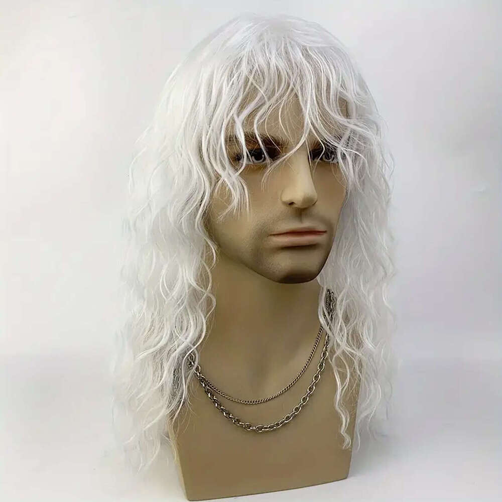 18 Inch Synthetic Rock Men/Women Black White Bangs Long Wavy Curly Party or Halloween Wig