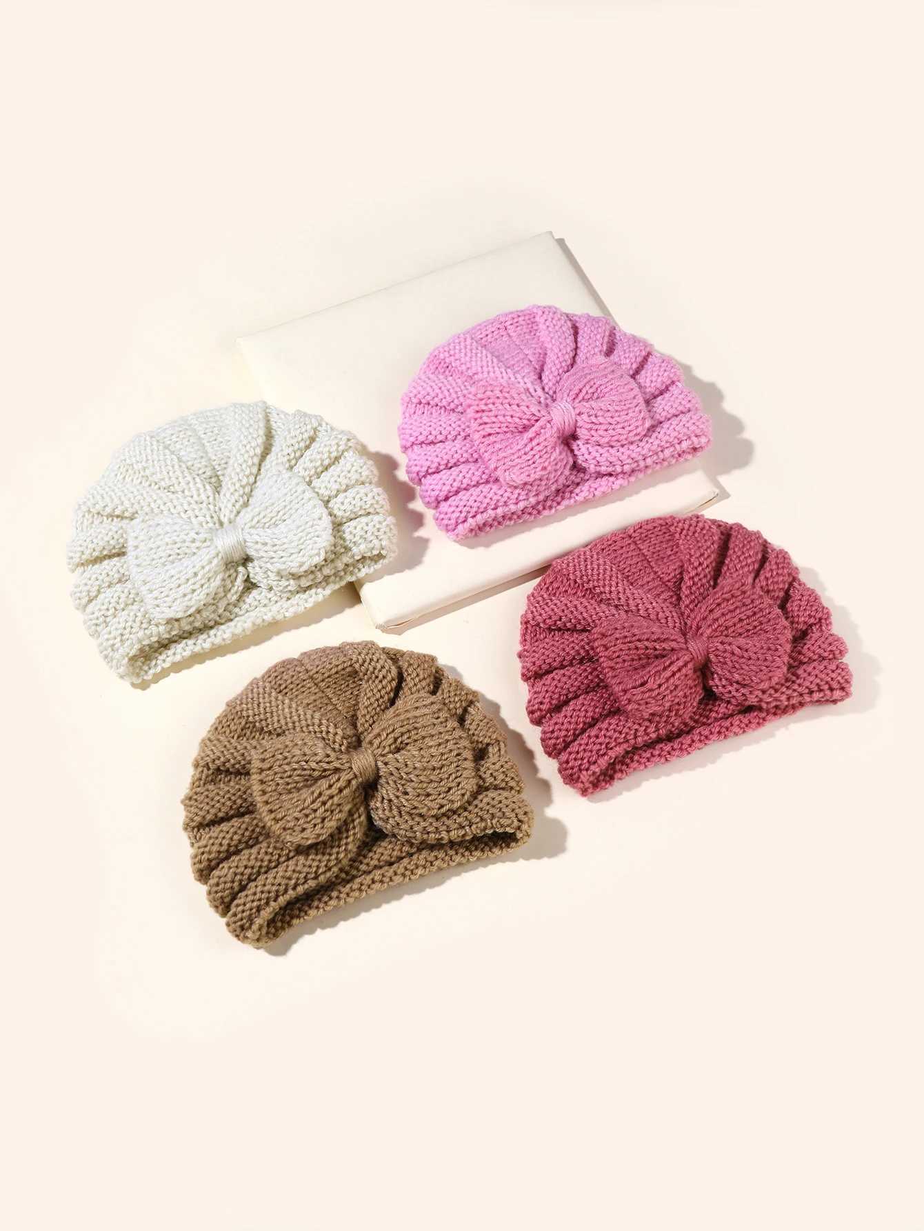 4pcs Bow Knit Baby Hat Girls Boys Elastic Bonnet Autumn Winter Warm Turban Hats Solid Color Woolen Cap Kids Accessories LX241018